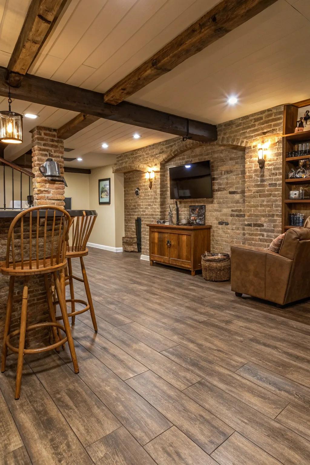 Wide synthetic planks provide rustic charm with modern practicality.