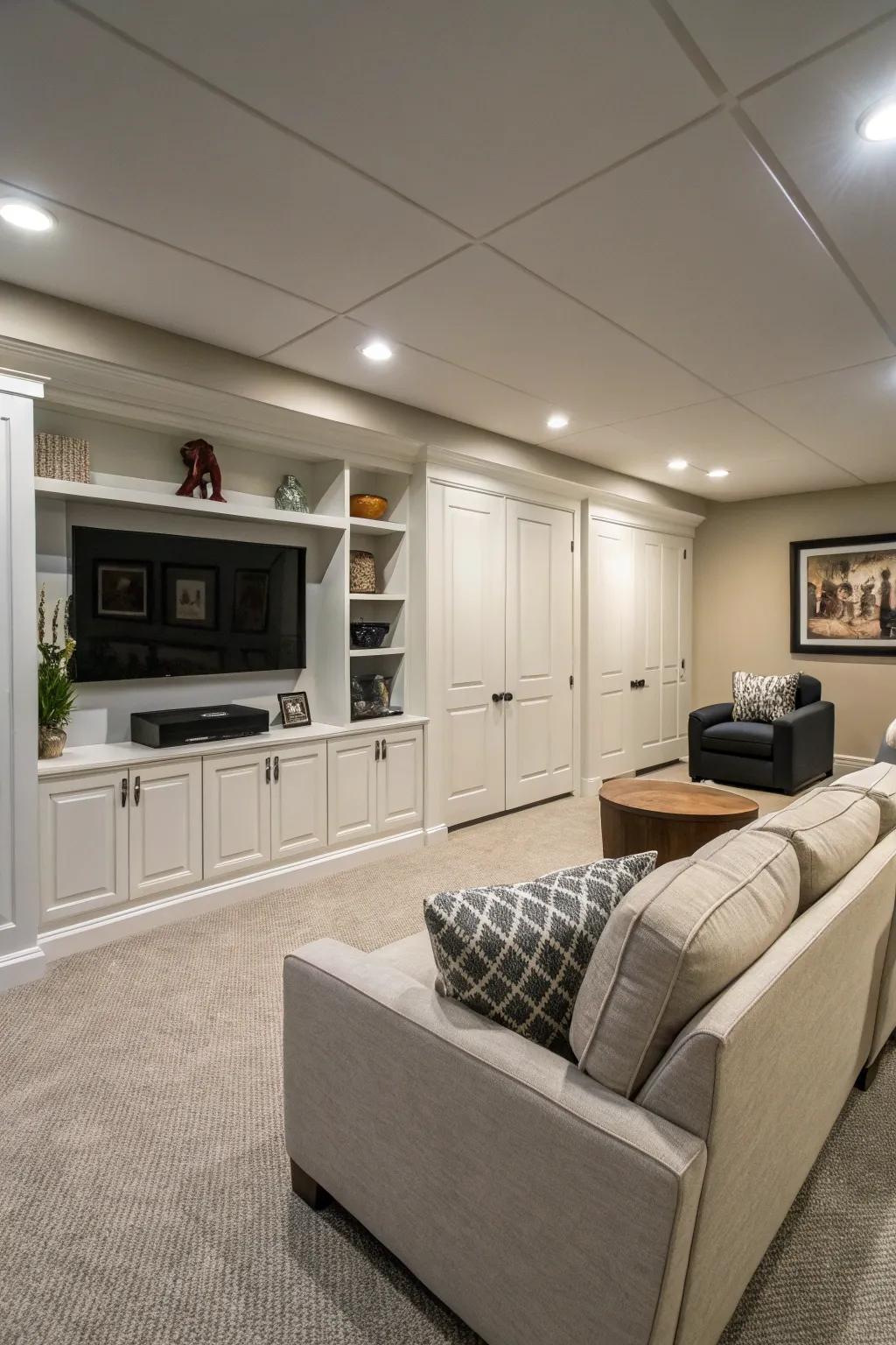 Concealed storage ensures the media space is orderly and free of clutter.