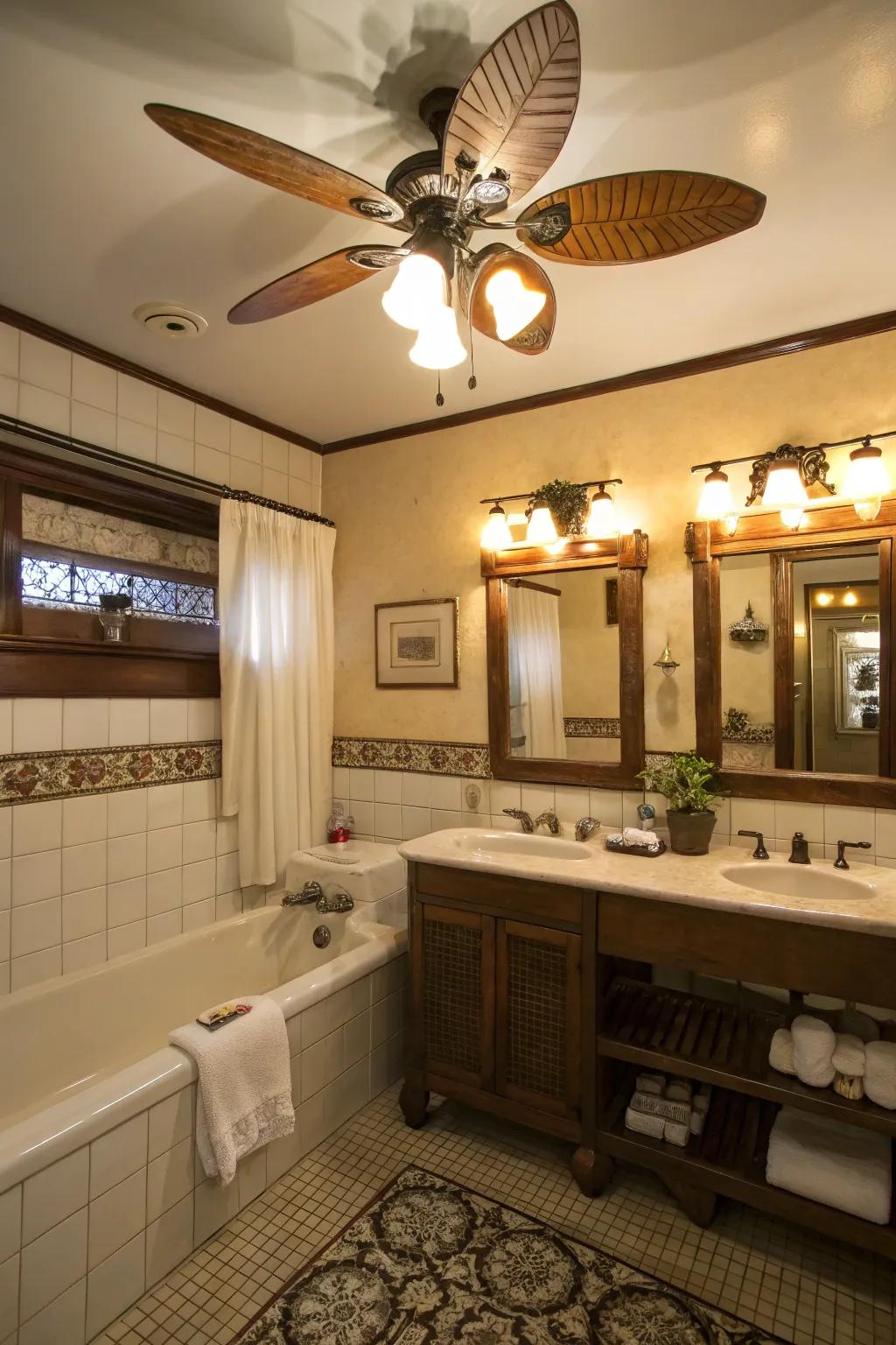 A vintage-style bathroom featuring a classic ceiling ventilator and gentle lighting.