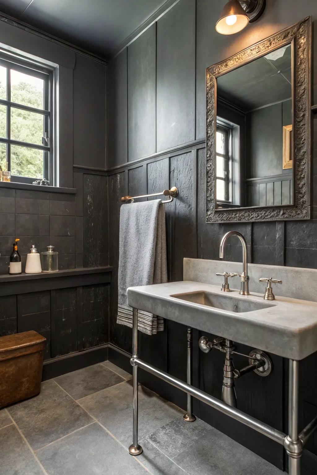 Deep gray walls coupled with metal features for an industrial vibe.
