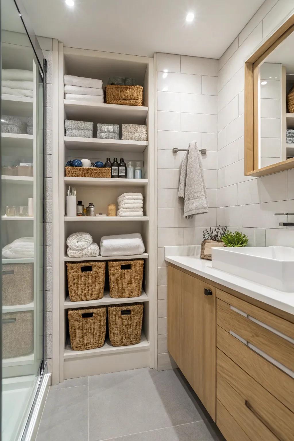 Smart storage options keep your bathroom organized and clutter-free.