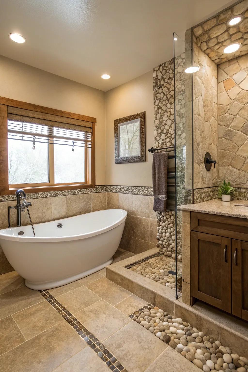 Natural stone trims provide a tranquil, earthy ambiance to the bathroom.