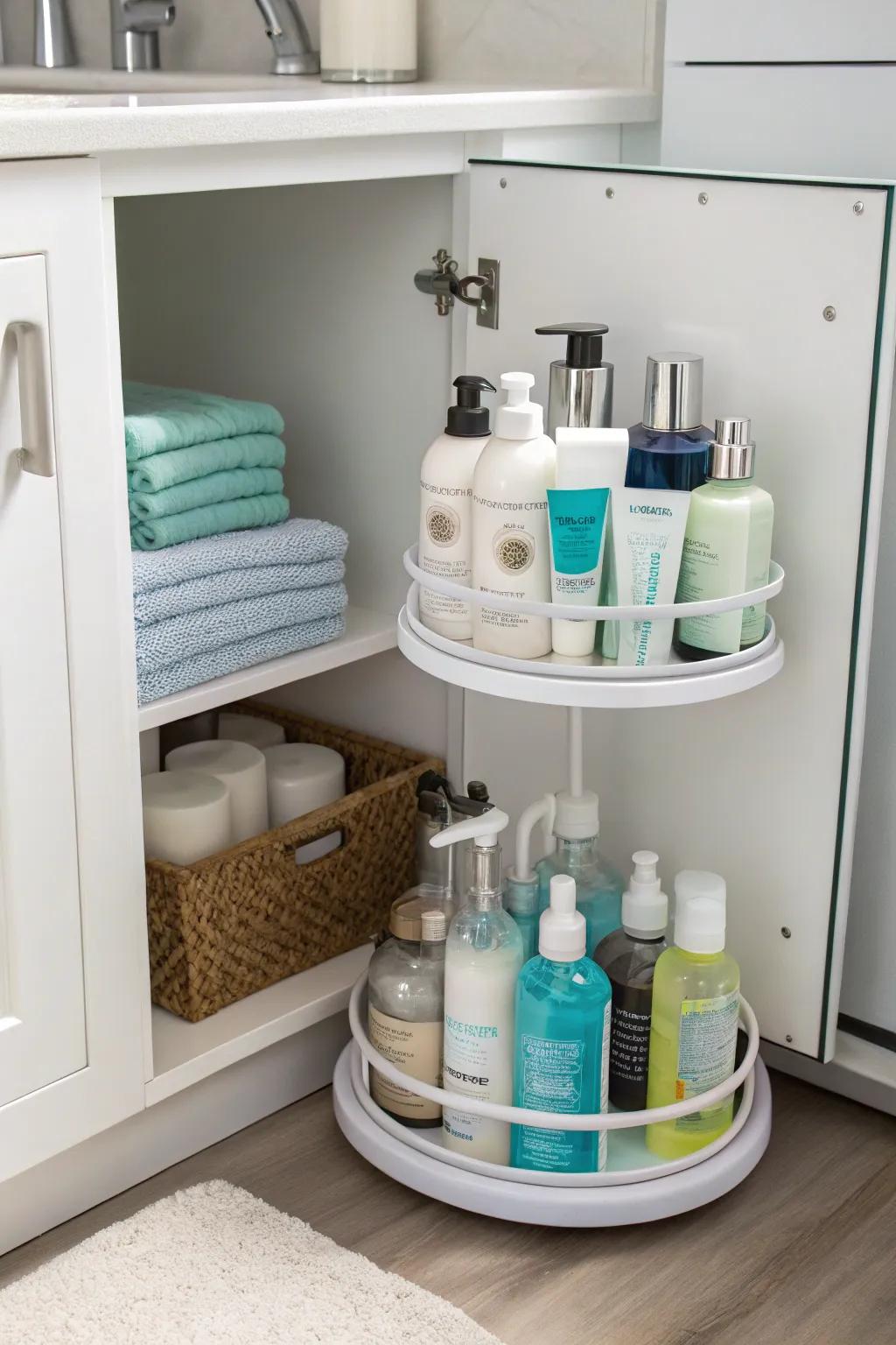 Swivel base for smooth access to cabinet items.