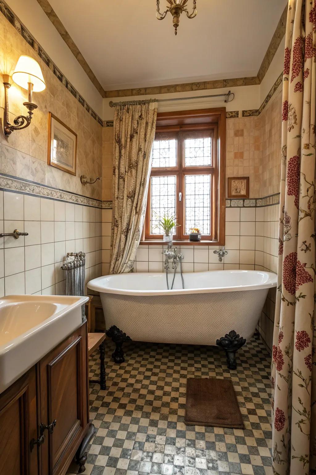 A footed bathtub infuses nostalgic appeal into this washroom.