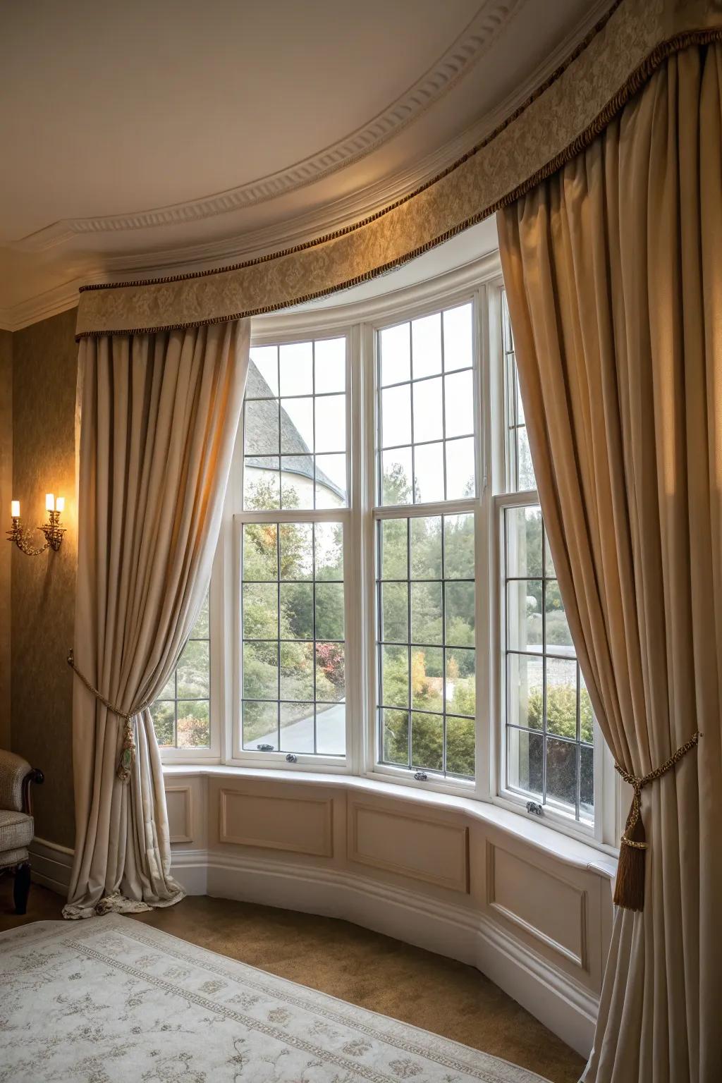 Imaginative pole placement extends a seamless fit for bay window curtains.