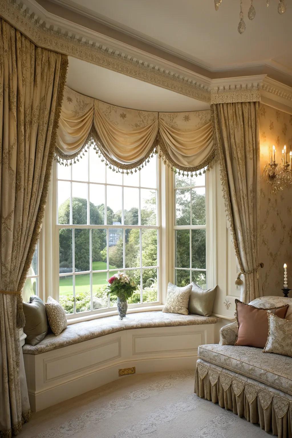 Swag and scalloped motifs infuse elegance into windows.