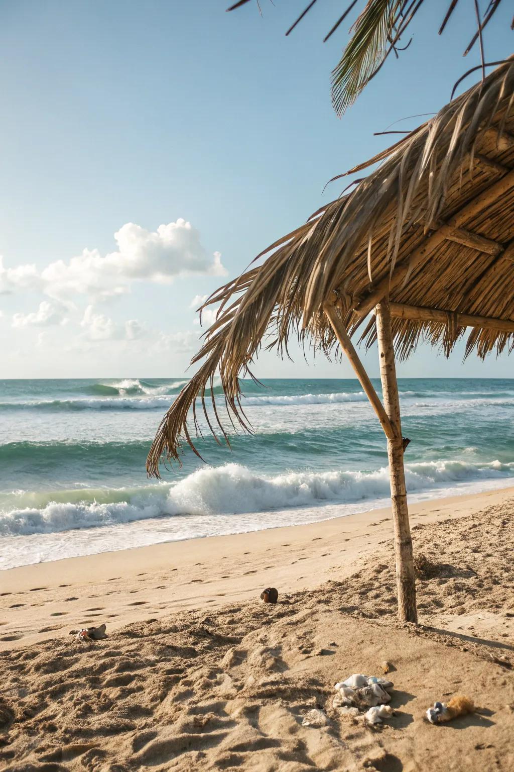 Natural frond sunshades provide an eco-friendly beach retreat.