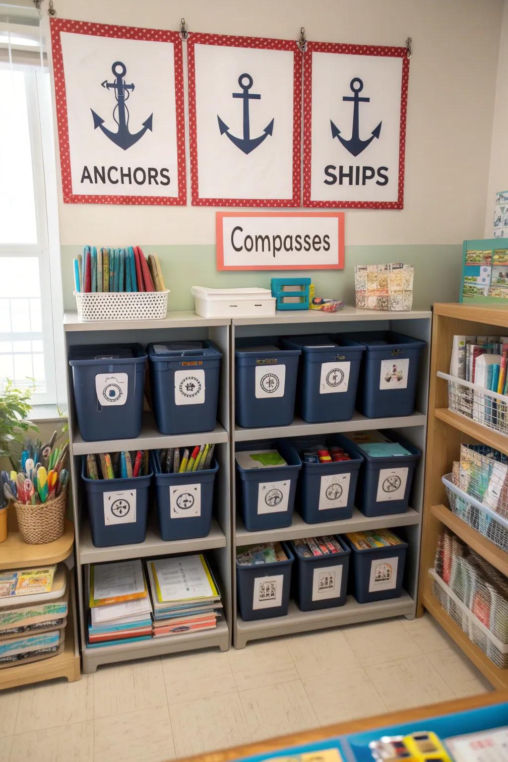 Seafaring themed identifiers contribute structure and elegance to classroom arrangement.