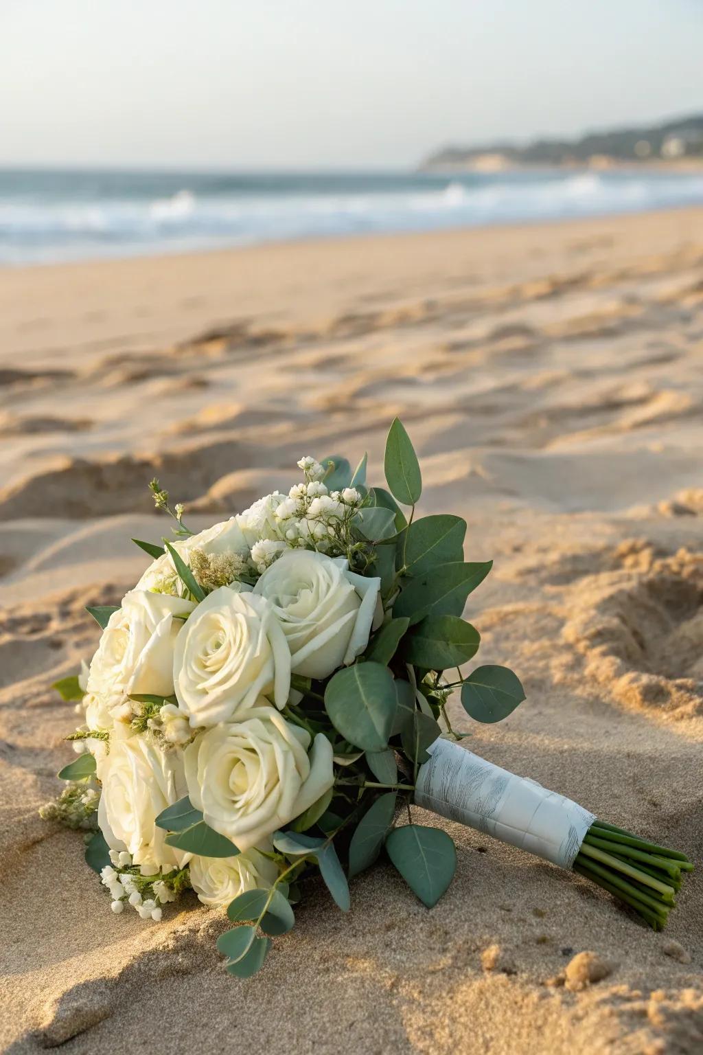 A minimalist white posy for a traditional seaside wedding.