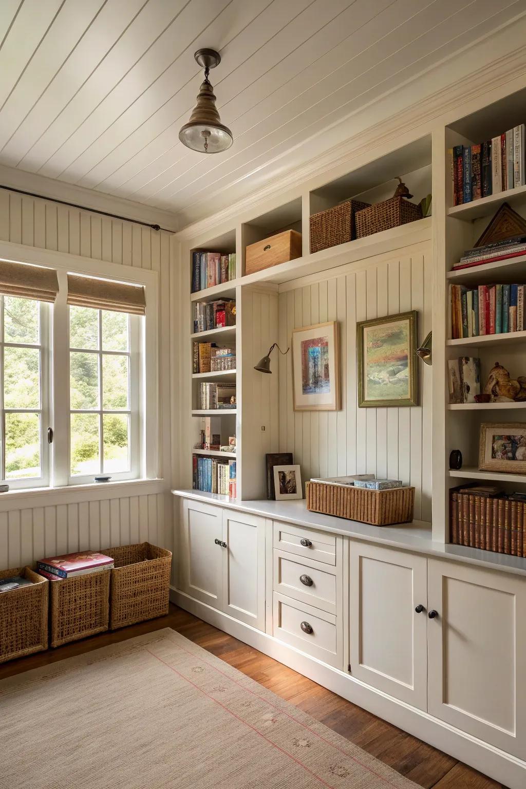 Paneling with storing solutions marries flair and function.