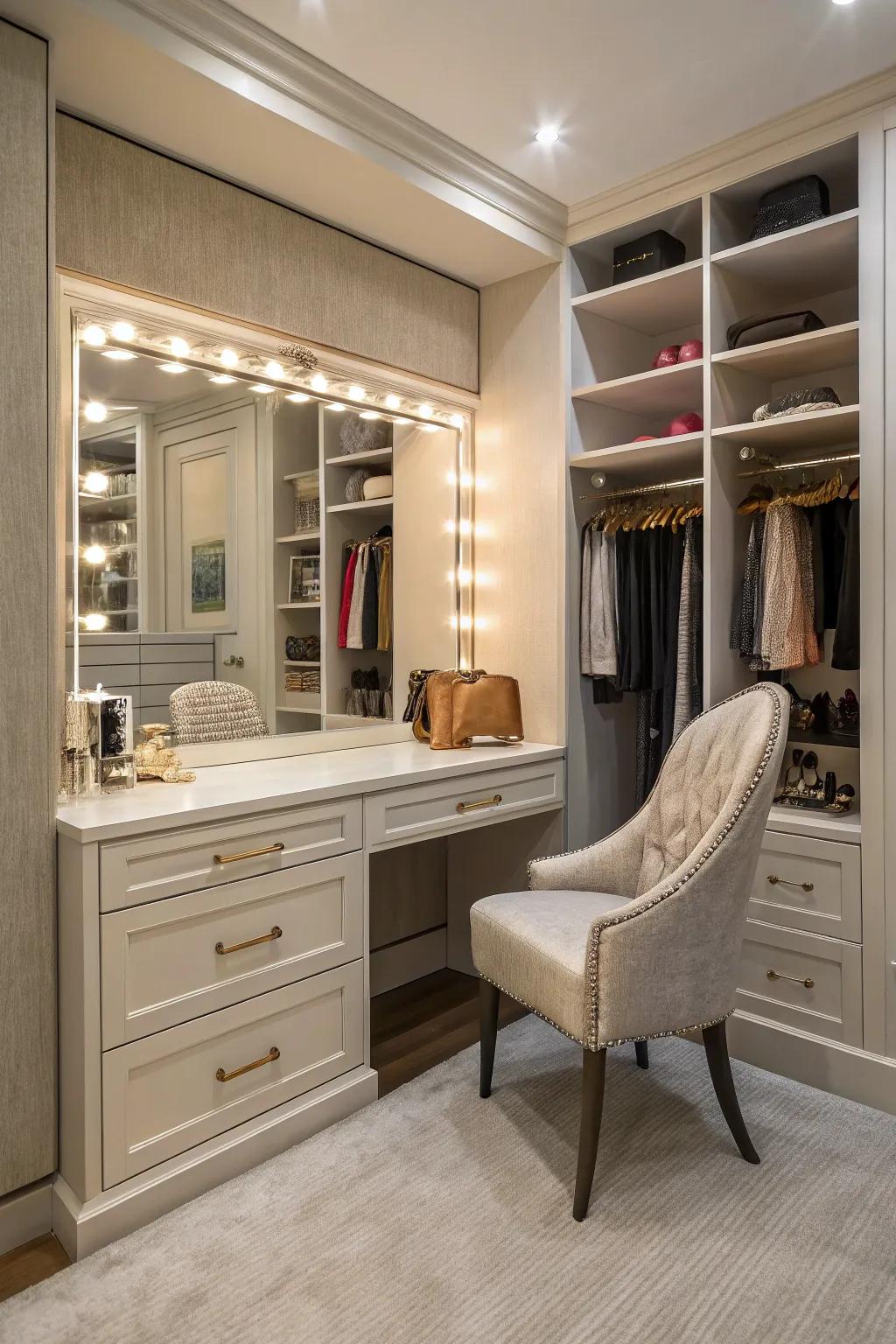 A built-in vanity adds convenience and a touch of luxury to your closet.