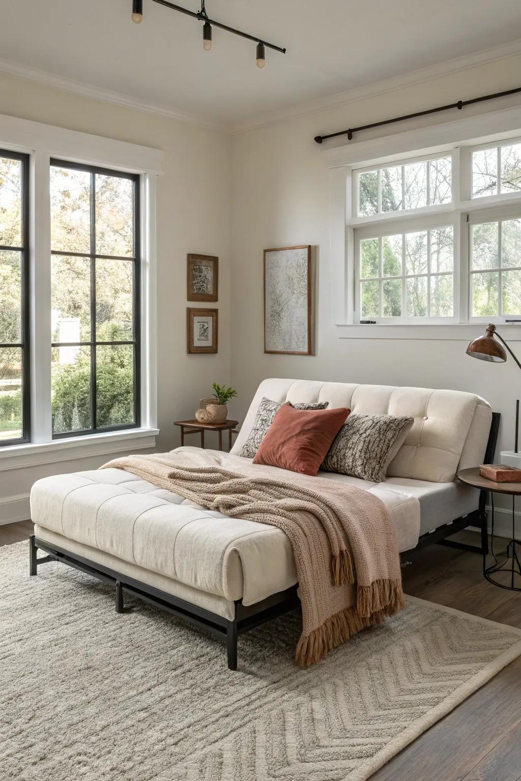 A contemporary lounger elegantly integrated within a bedroom milieu, facilitating flexible seating arrangements while concurrently providing readily available sleeping accommodations.