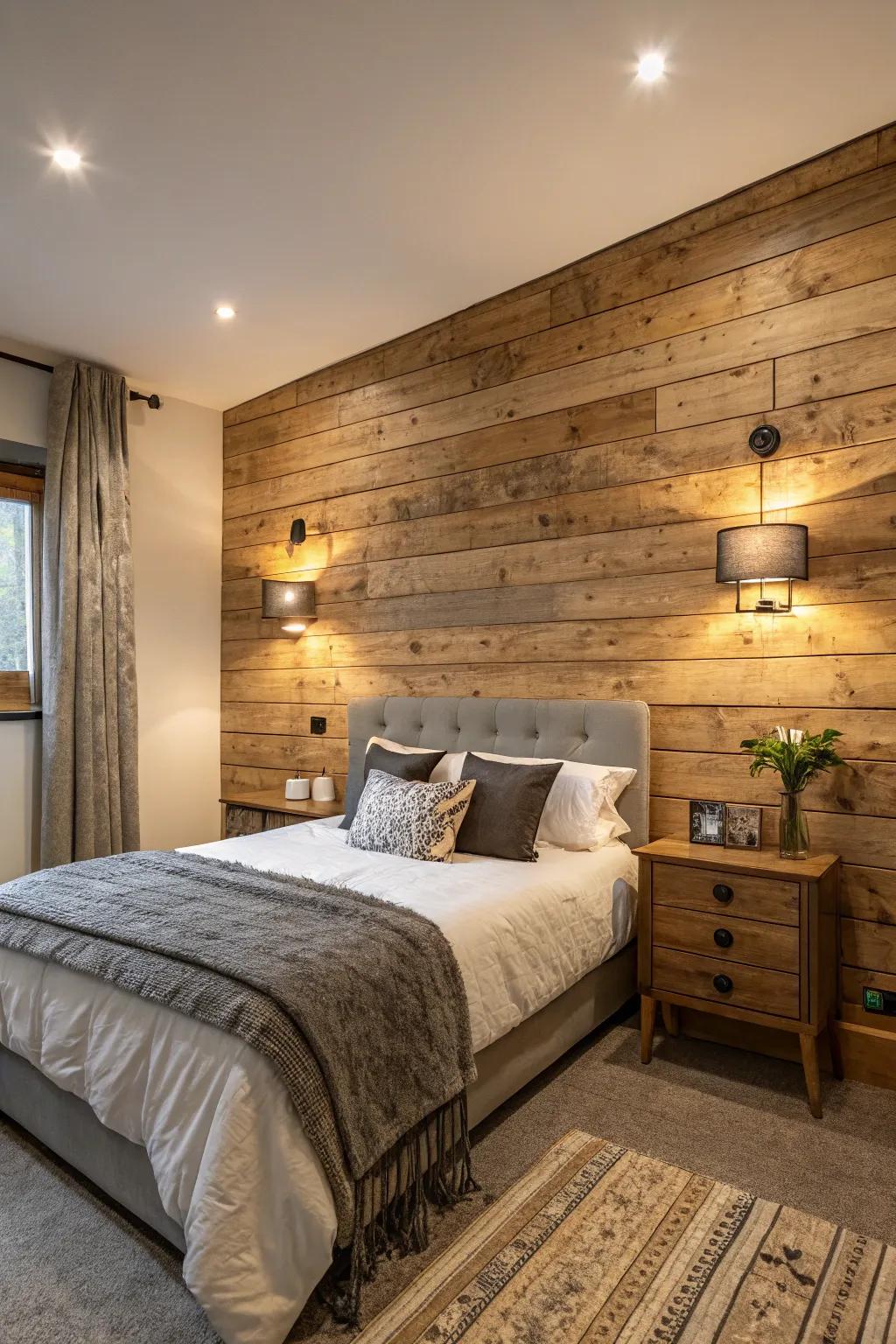 Wood paneling adds warmth and texture to this bedroom's highlight wall.