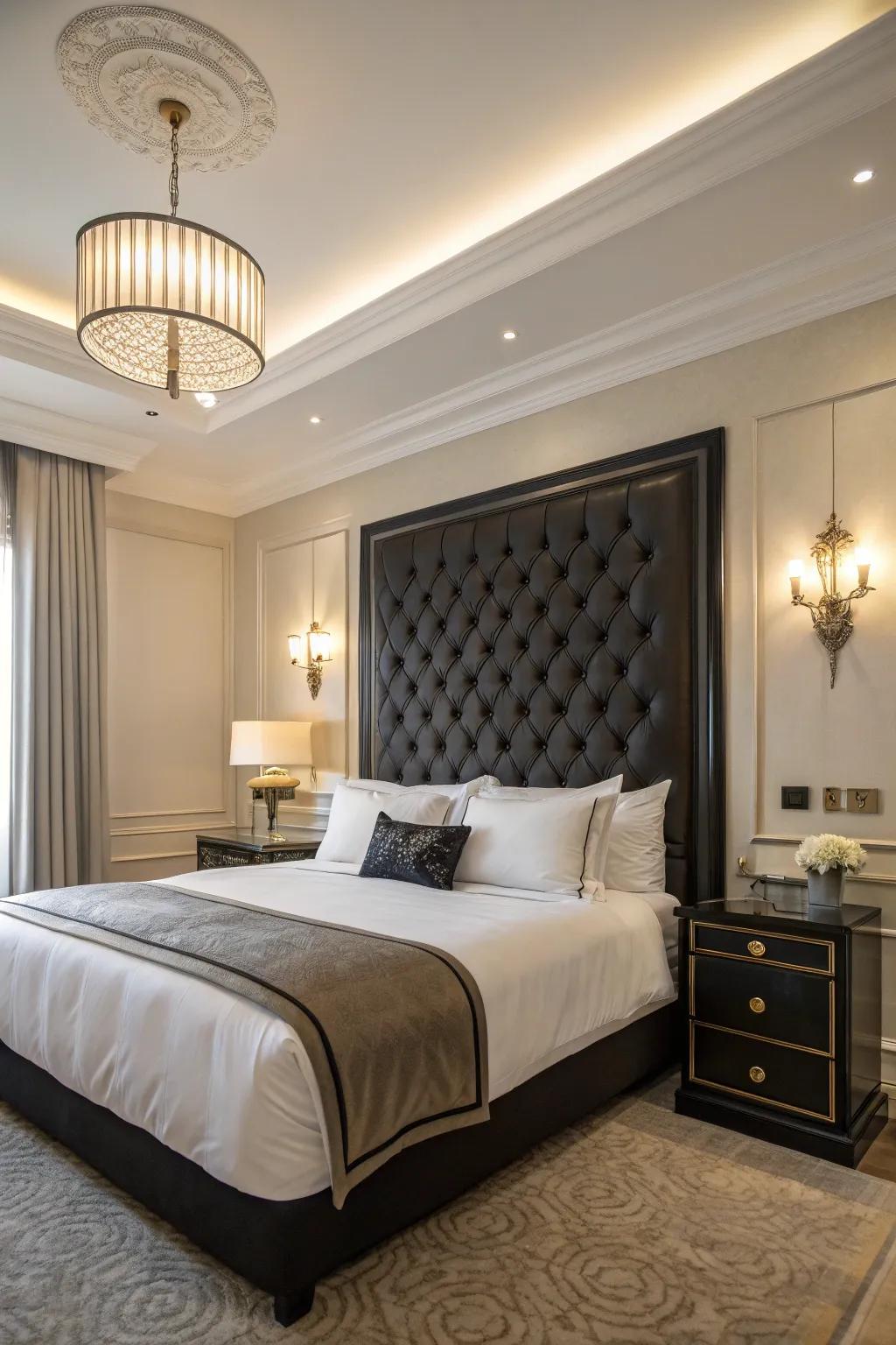 A striking ebony headboard serves as a focal point in a chic bedroom.
