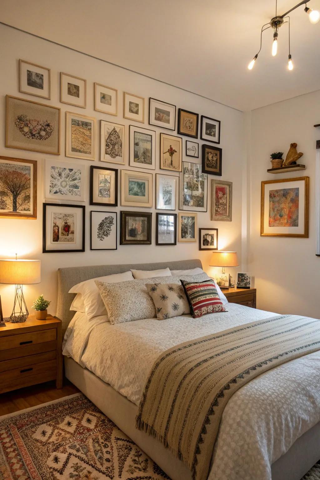 A bedroom animated by a curated selection of personal artwork.
