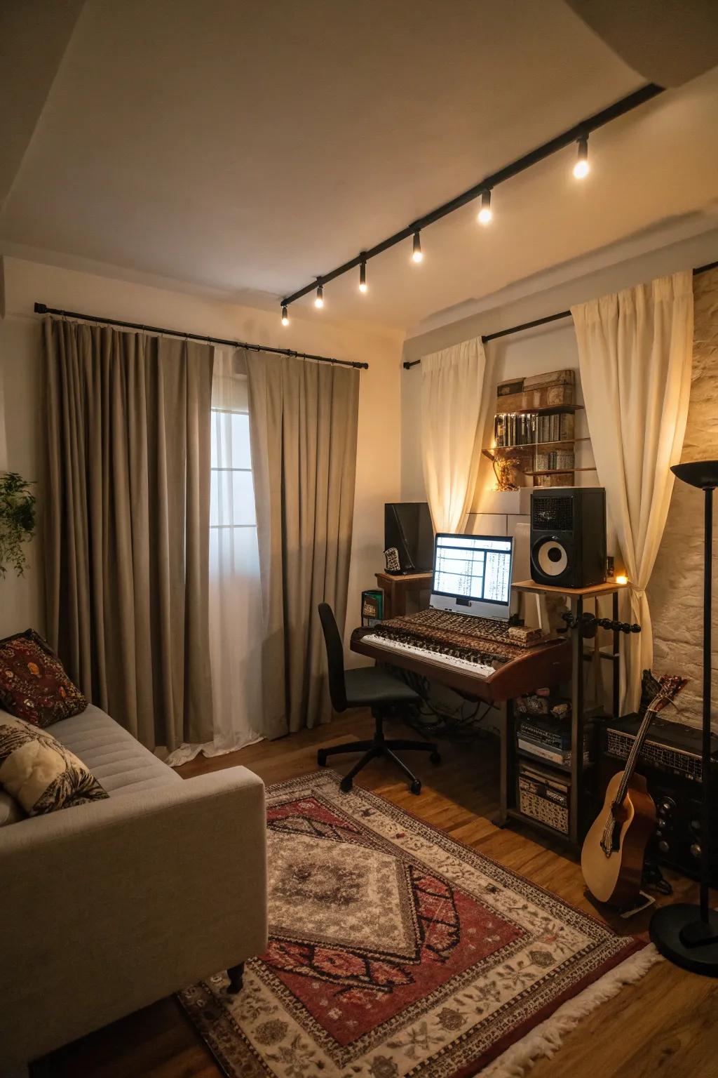 Sound-reducing drapes help maintain a calm and focused atmosphere in your music studio.