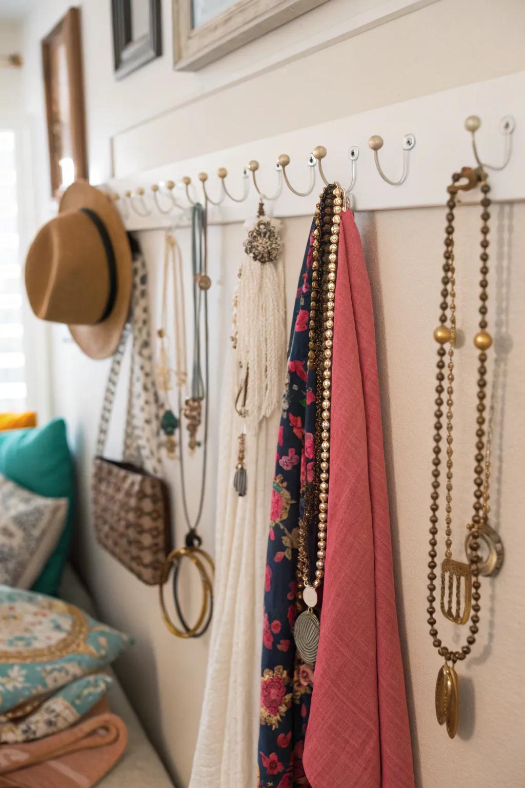 Maintain your accessories well-organized and shown off by using wall hooks.