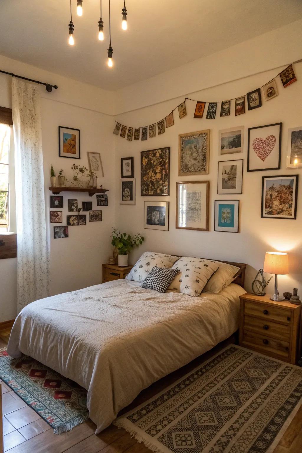 Personal details add a unique charm to the bedroom.