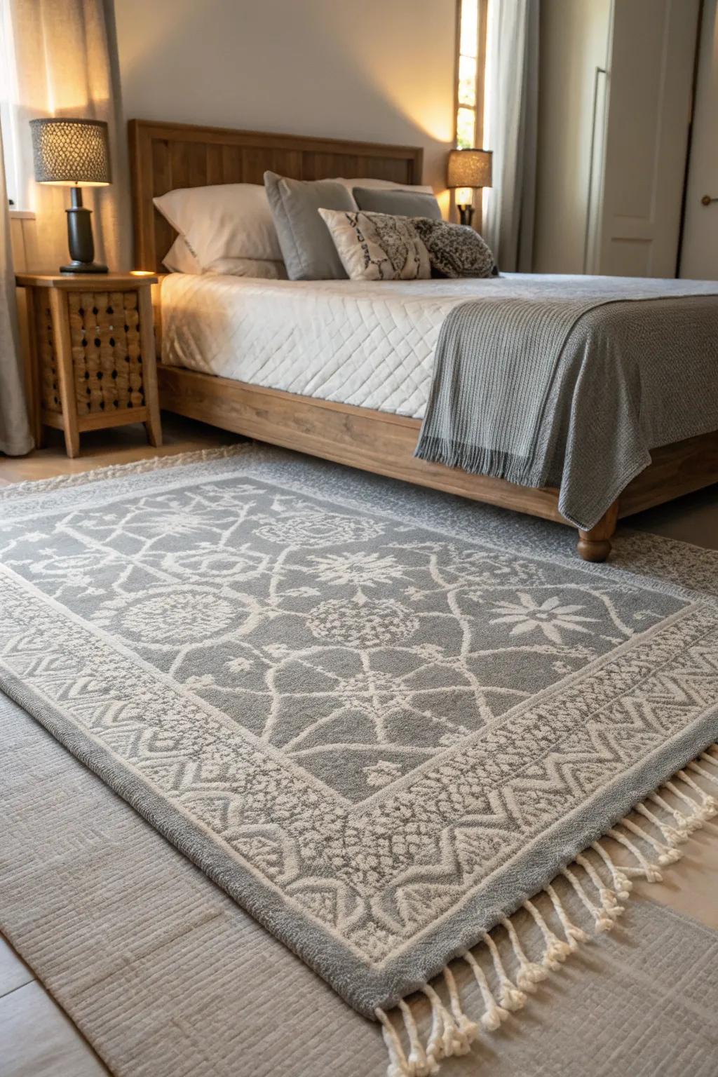 A grey rug anchoring the area with texture.