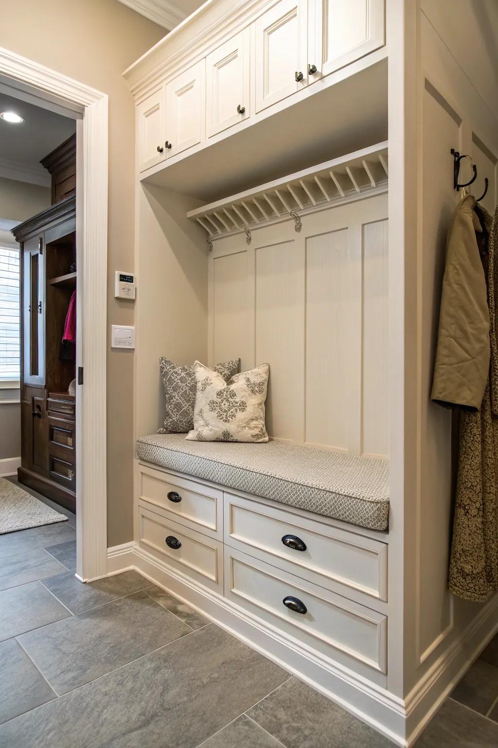 A bench with storage units beneath the cushion maximizes space efficiently.