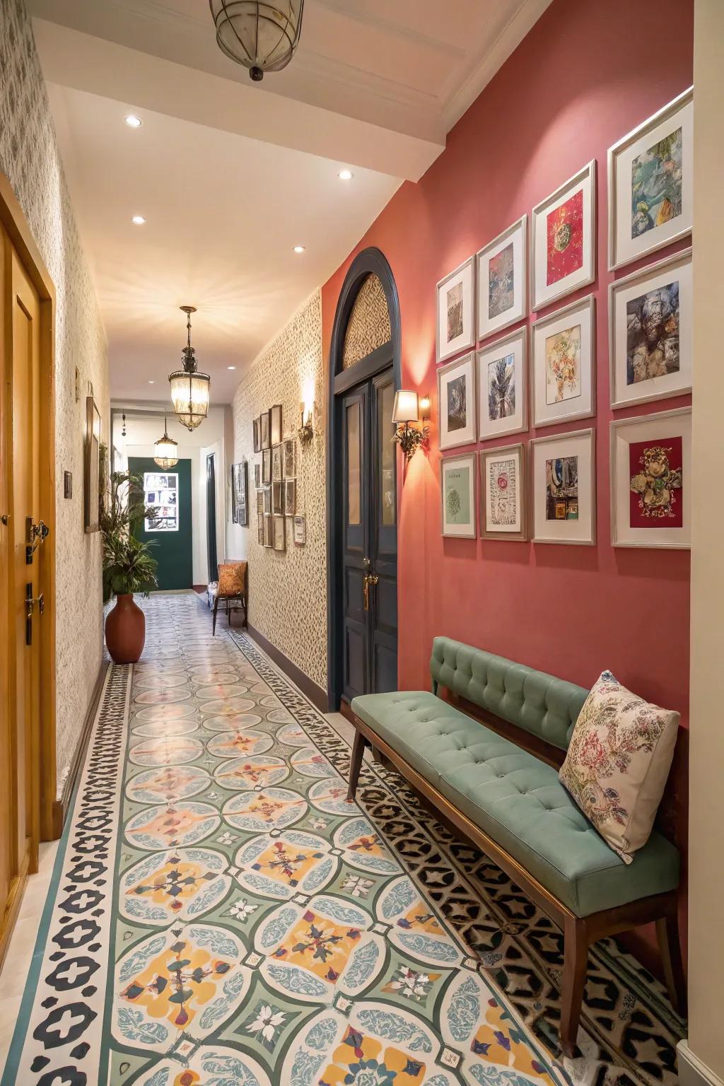 Expressive designed tiles in a lively hallway