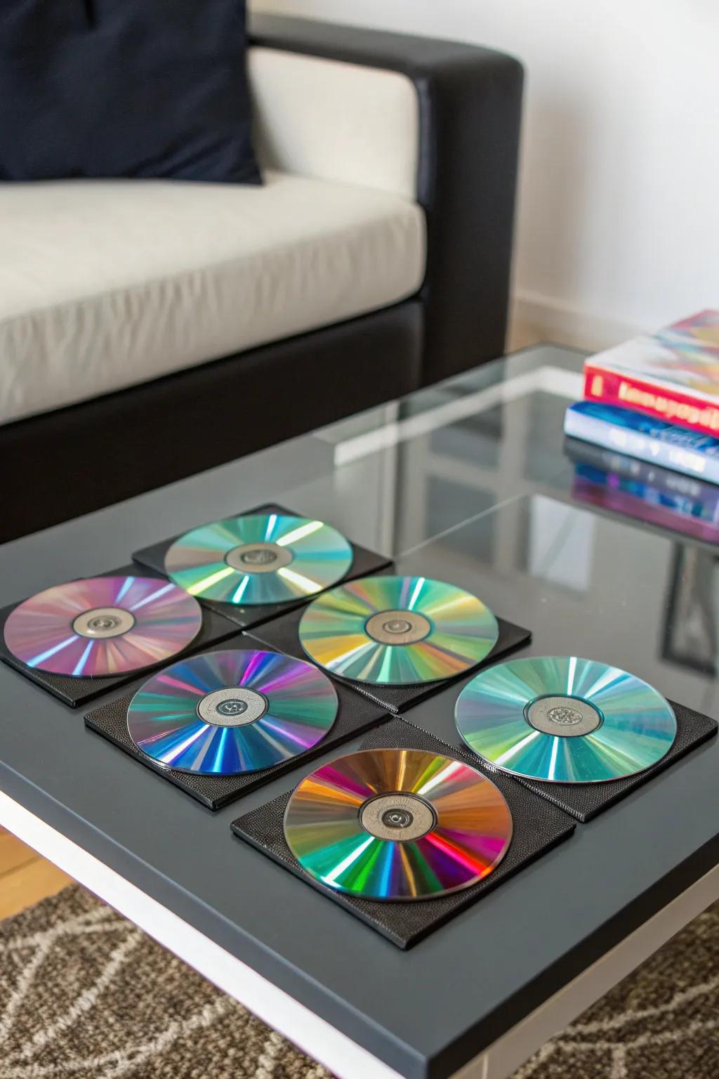 Shield surfaces with chic compact disk coasters.