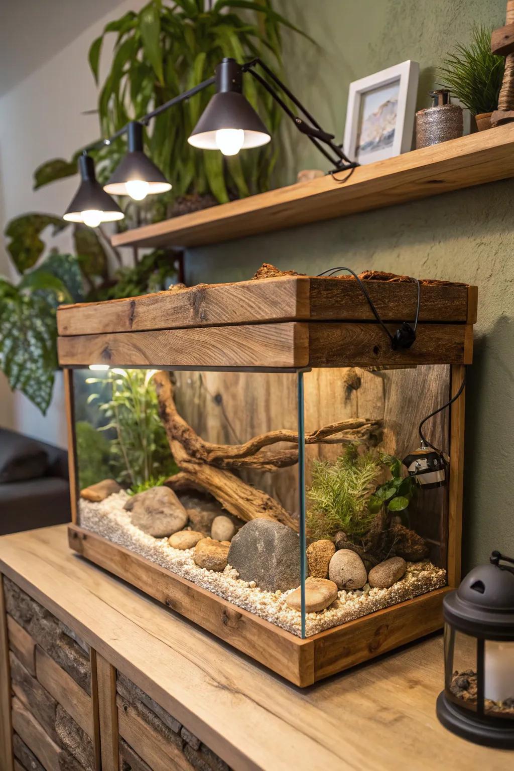 A countryside hideaway for your betta featuring natural lumber elements.