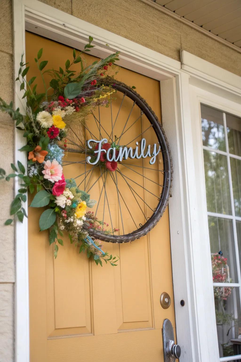 A personalized bike wheel decoration with initials, adding a special touch to home decor.