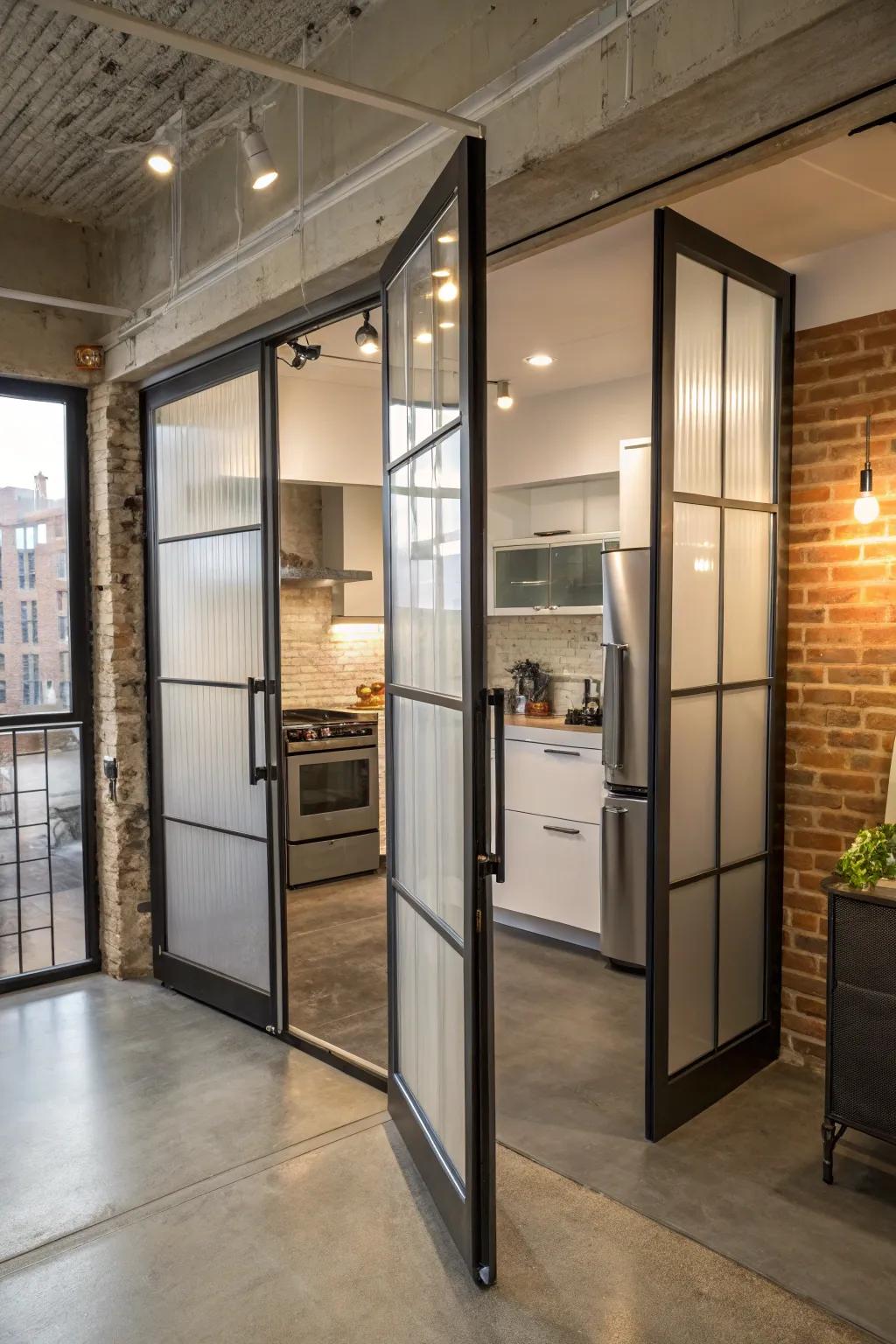 Layered glass folding doors offer privacy while maintaining brightness.