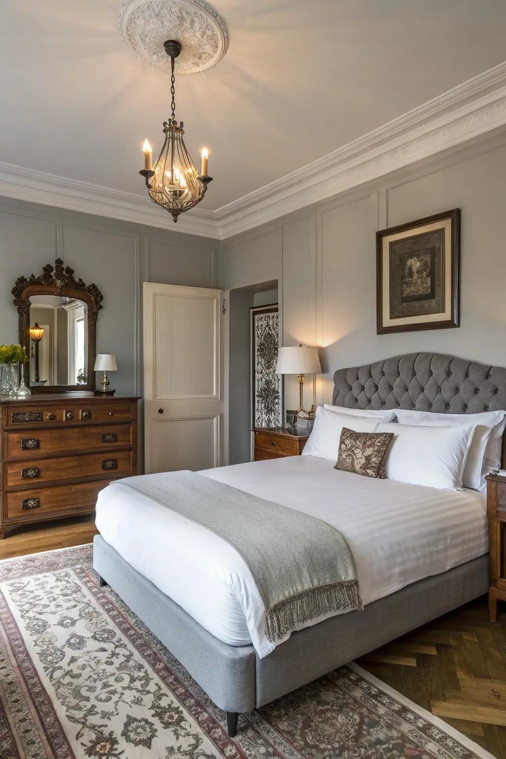 A spacious bedroom uniting modern and traditional aesthetics for a timeless appearance.