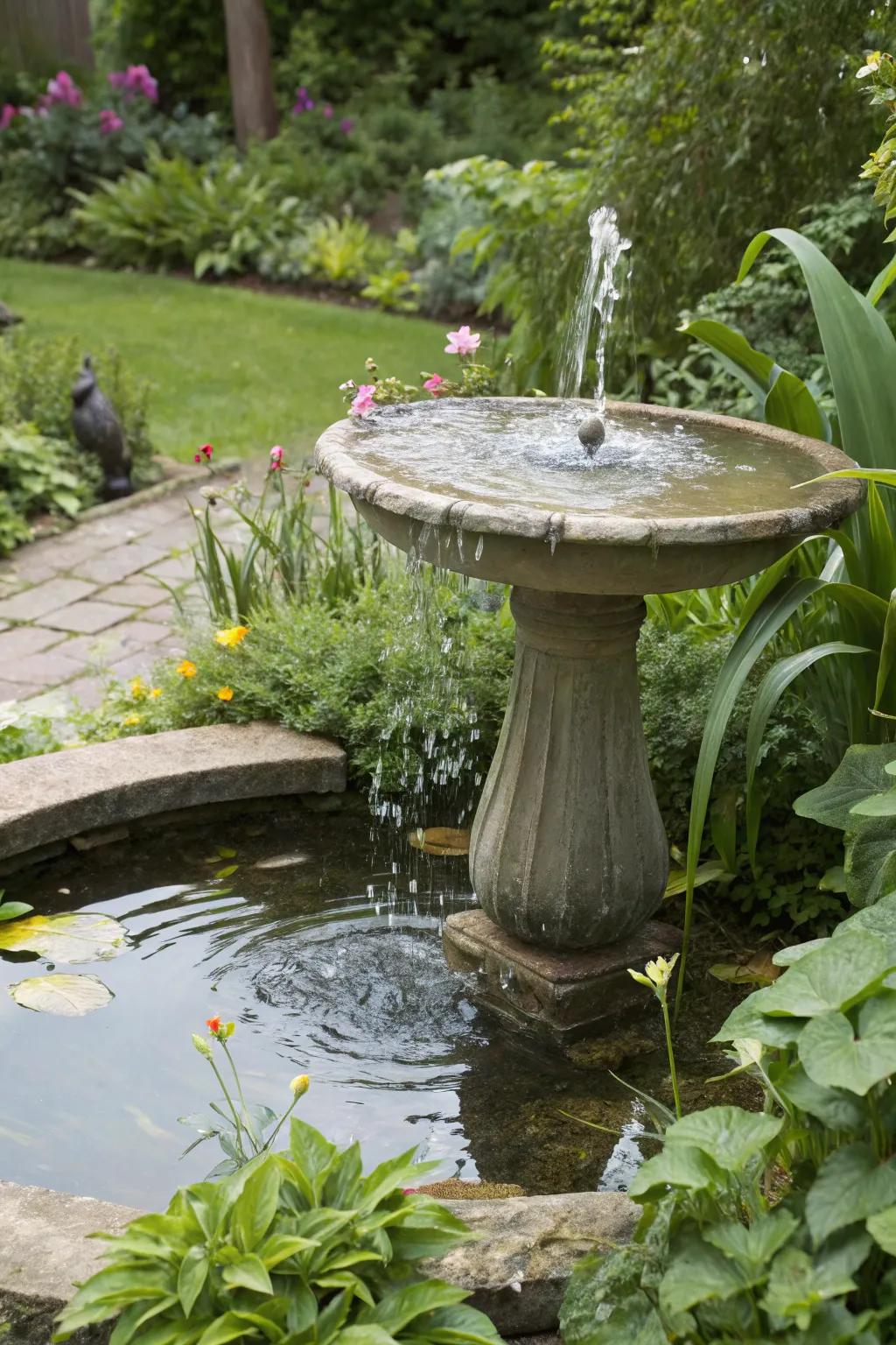 A bird bath intensified with a gentle water feature.