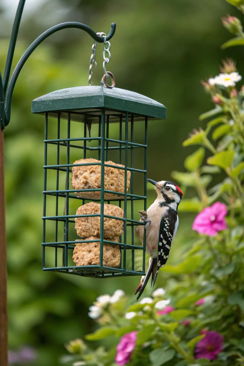 A suet treat dispenser suited for drawing in woodpeckers and other birds.