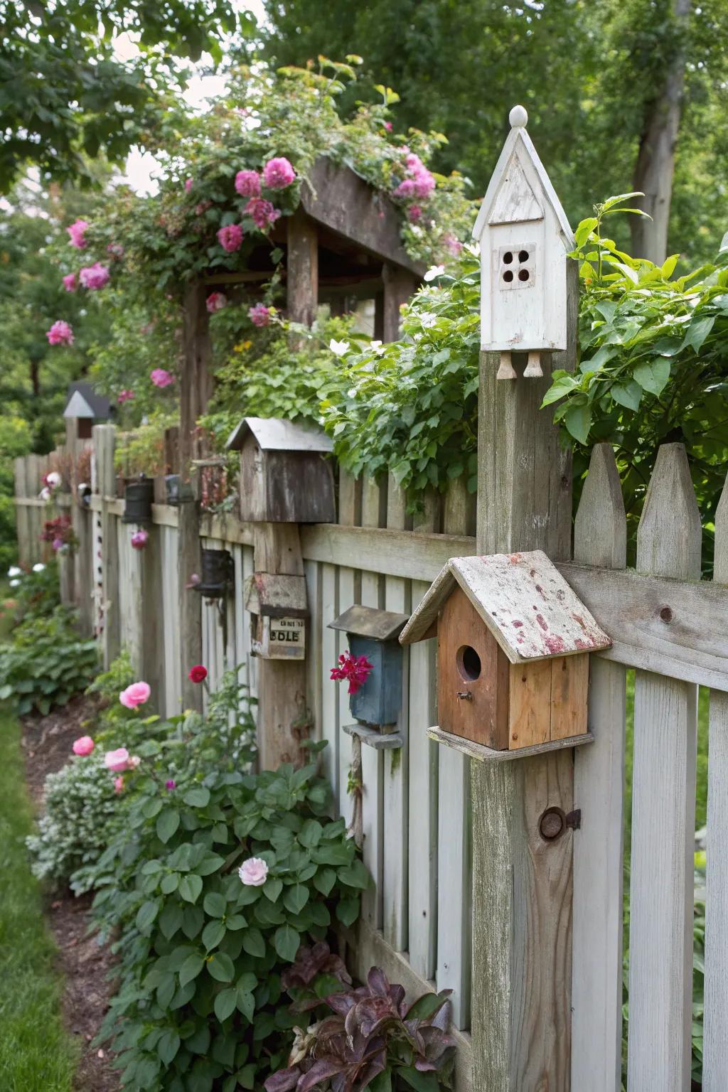 An eclectic amalgamation of bird dwellings forges an eccentric and inviting garden boundary.
