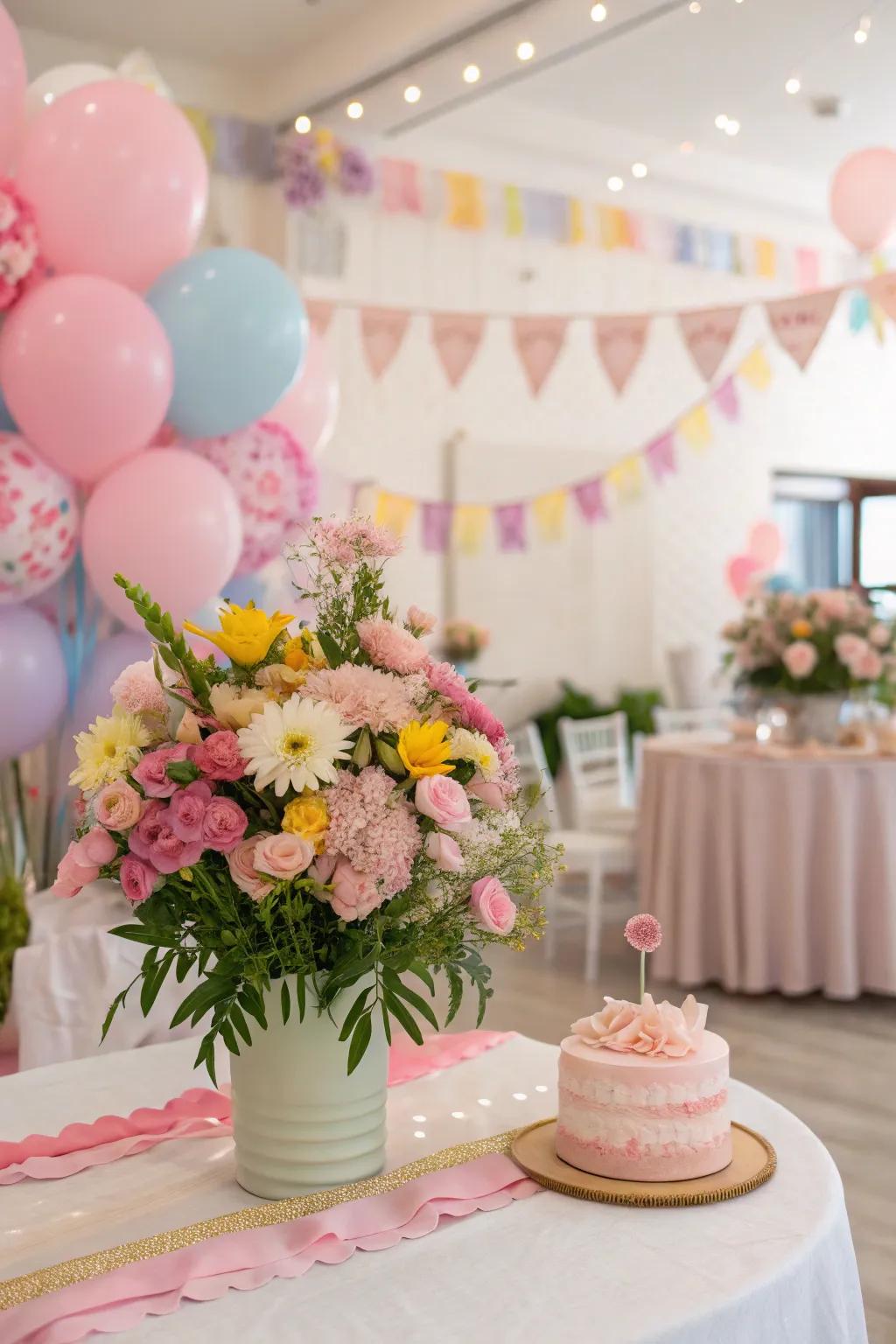 Beautiful floral accents appending sophistication to a birthday celebration decor.
