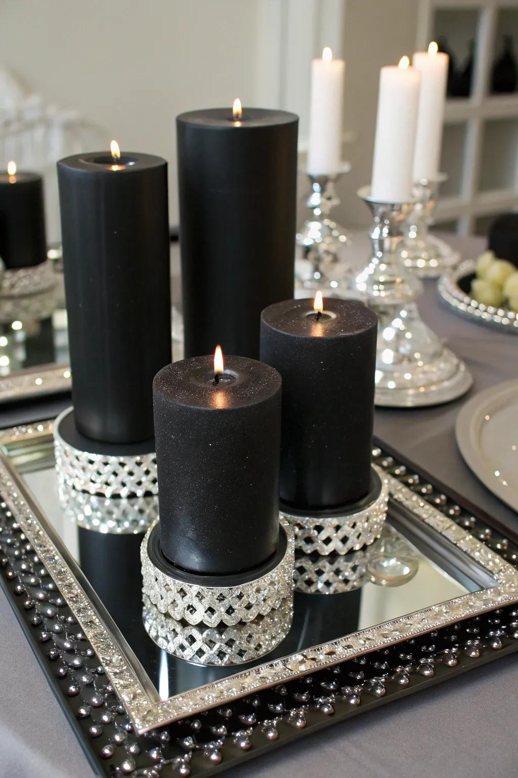 Sophisticated wax cylinder core pieces in onyx and argent.