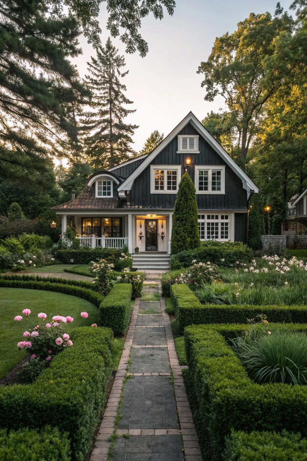 Well-planned landscaping enriches the black and white exterior of this home.