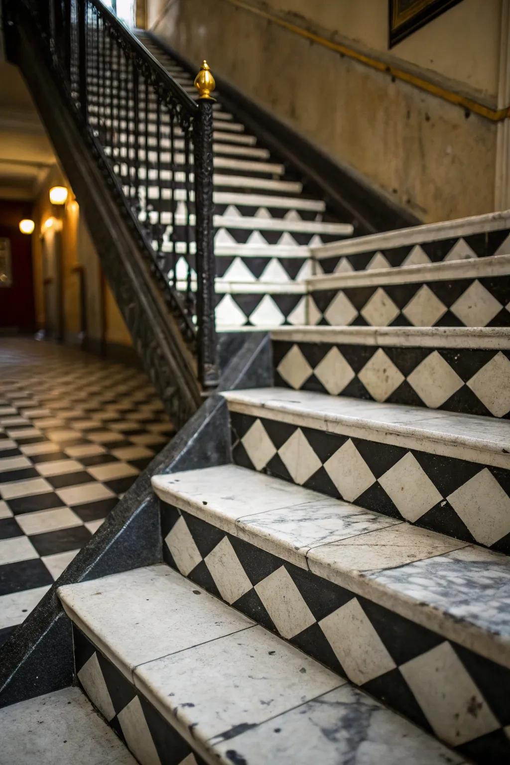 A checkerboard pattern on stairs for a playful and elegant look.