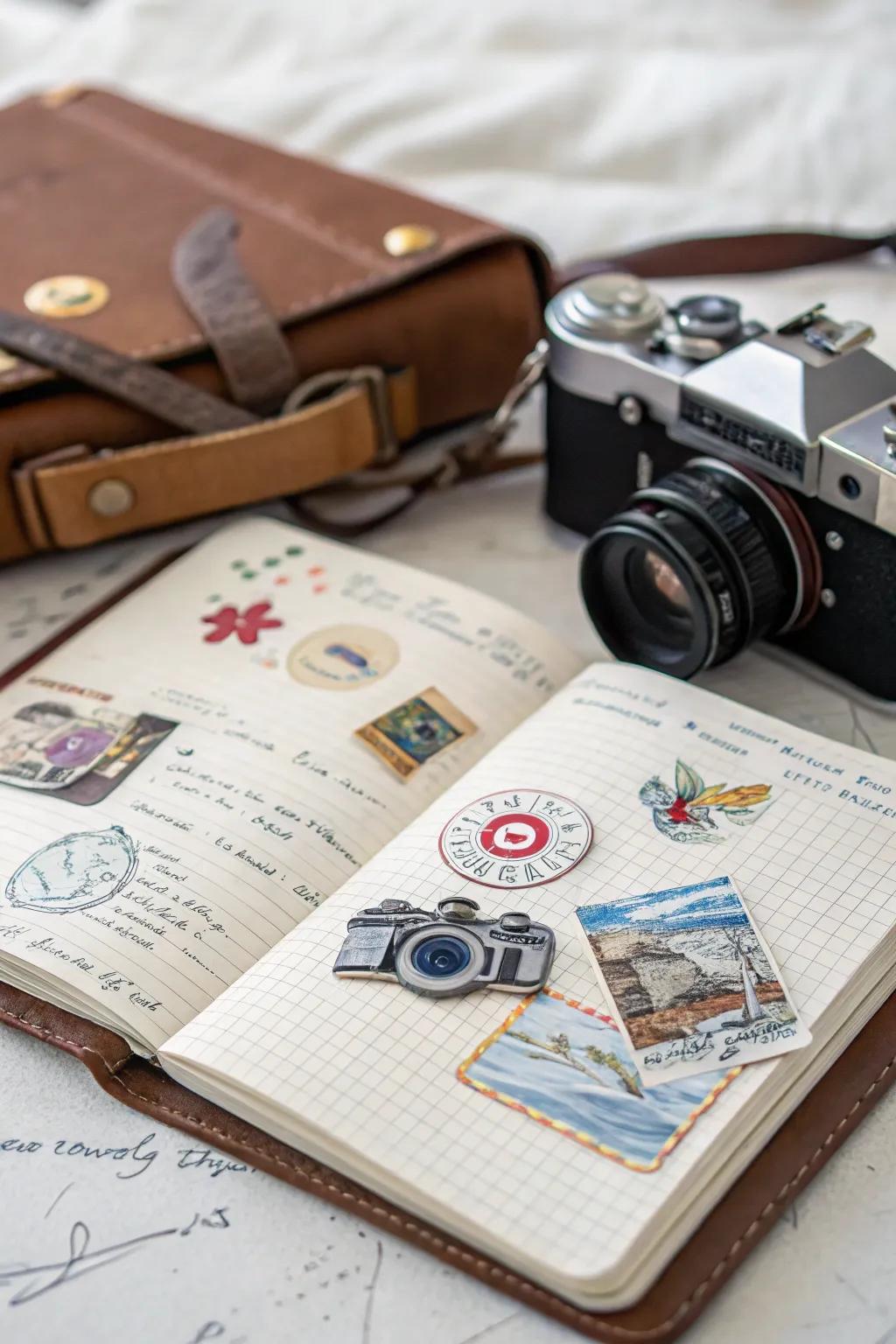 Camera transfers harmonizing with a journey-themed journal.