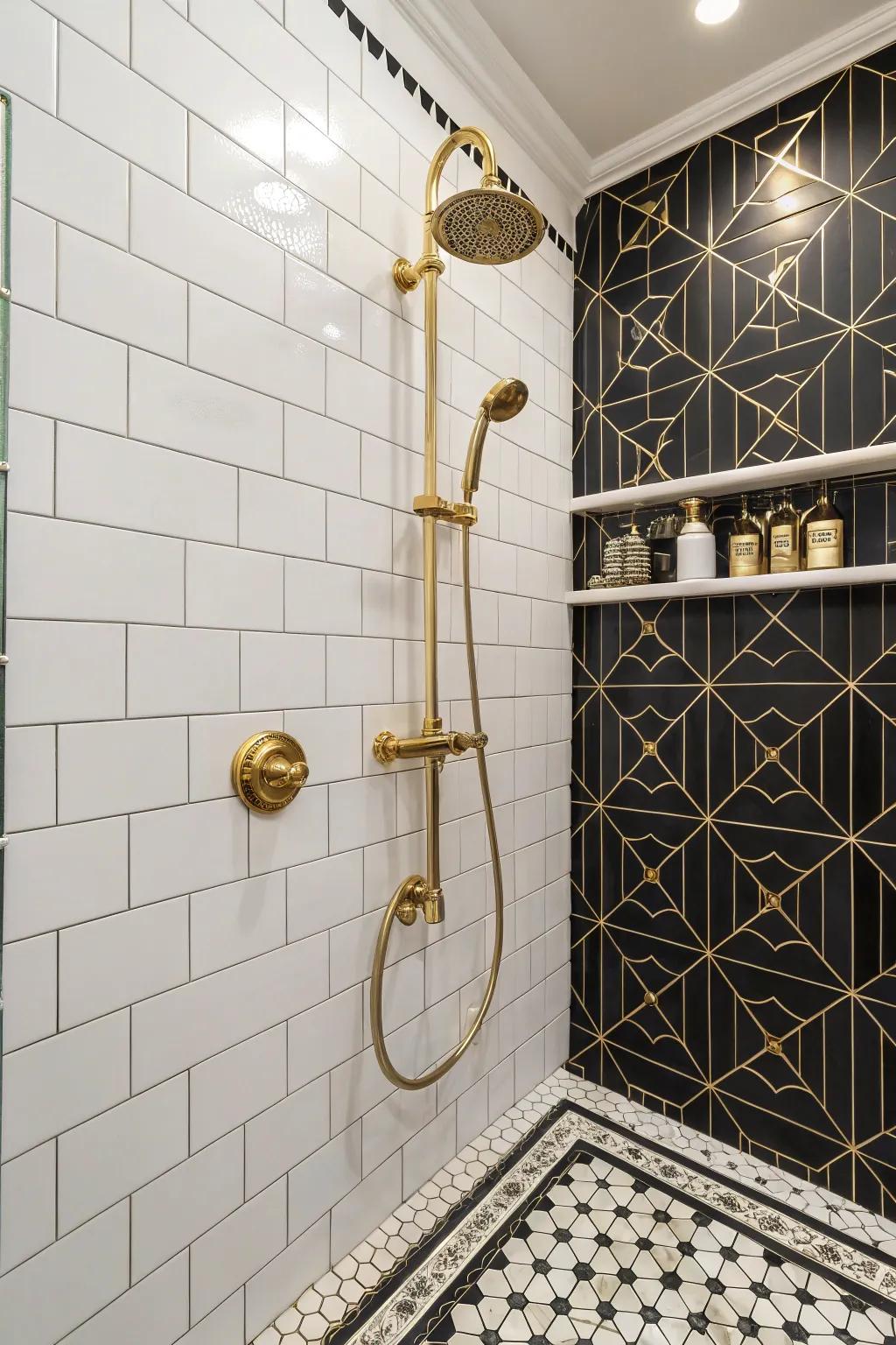 Golden accents bring a hint of luxury to the shower.