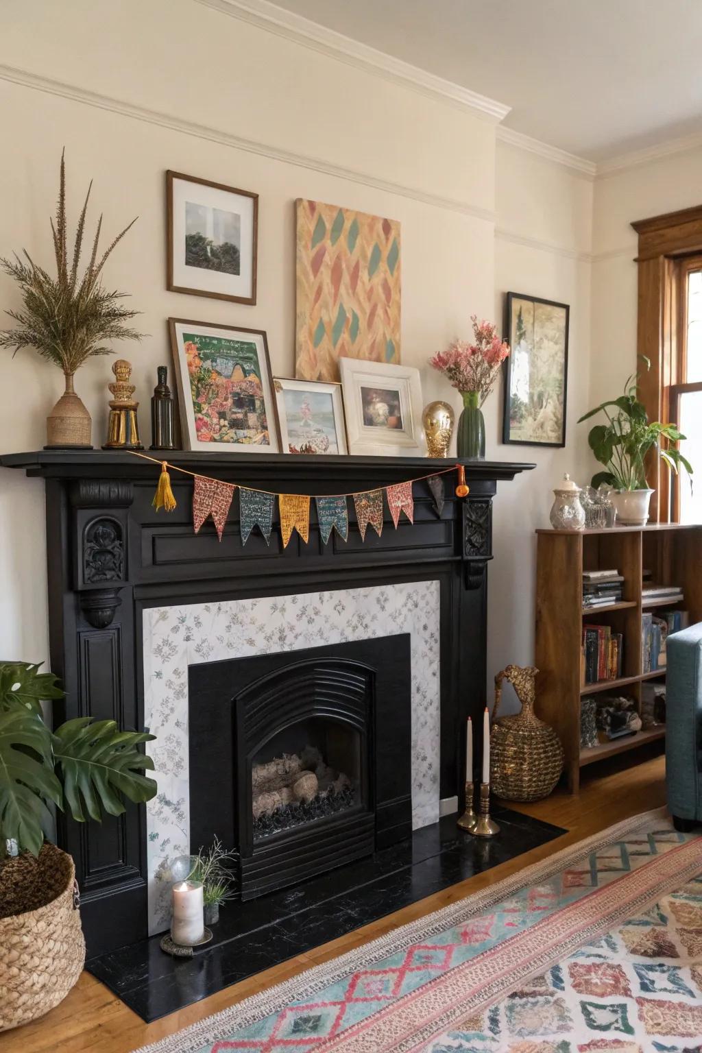 Customize your hearth using a varied blend of décor on a dark mantelpiece.