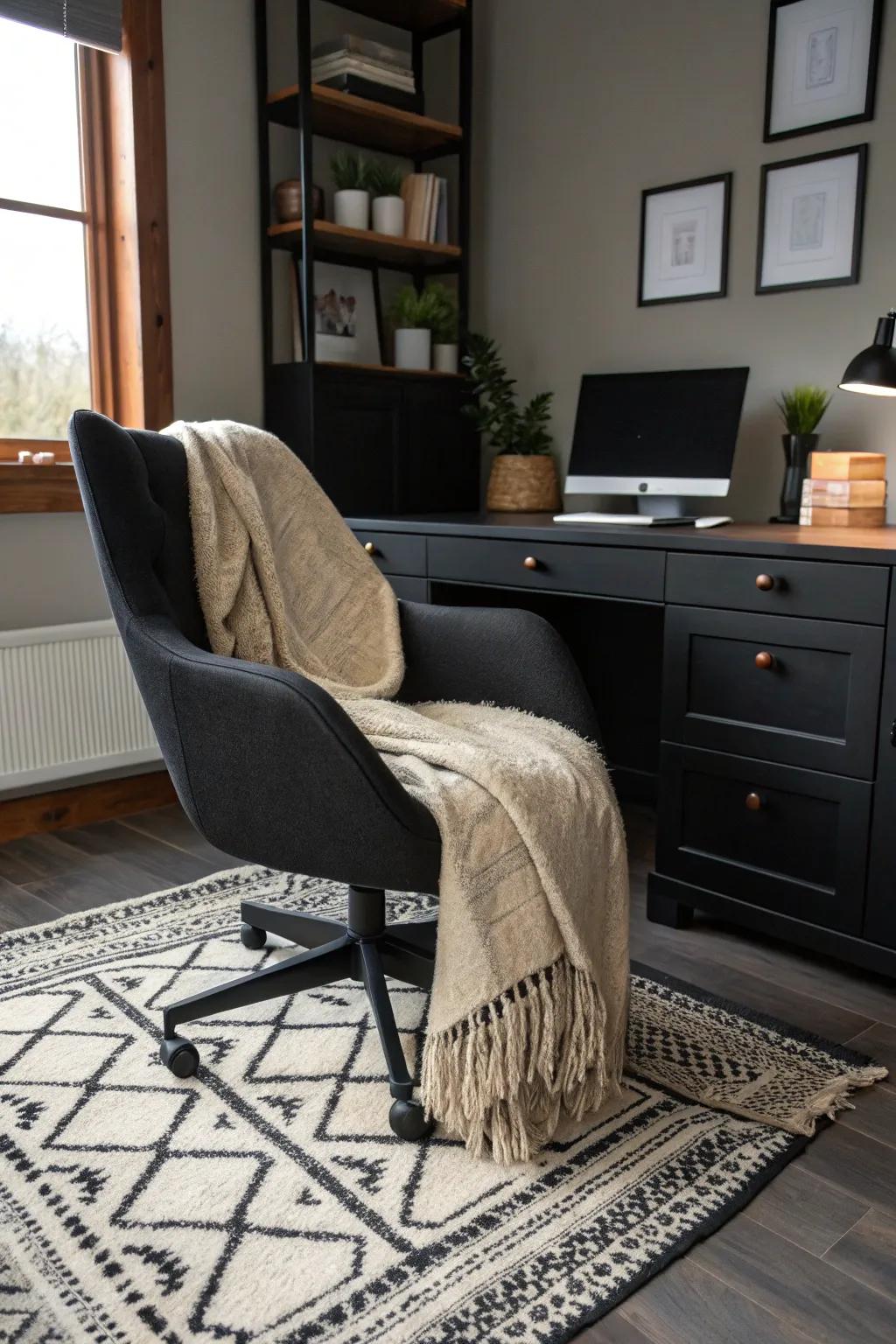 Rugs and linens fashion a cozy and inviting charcoal office environment.