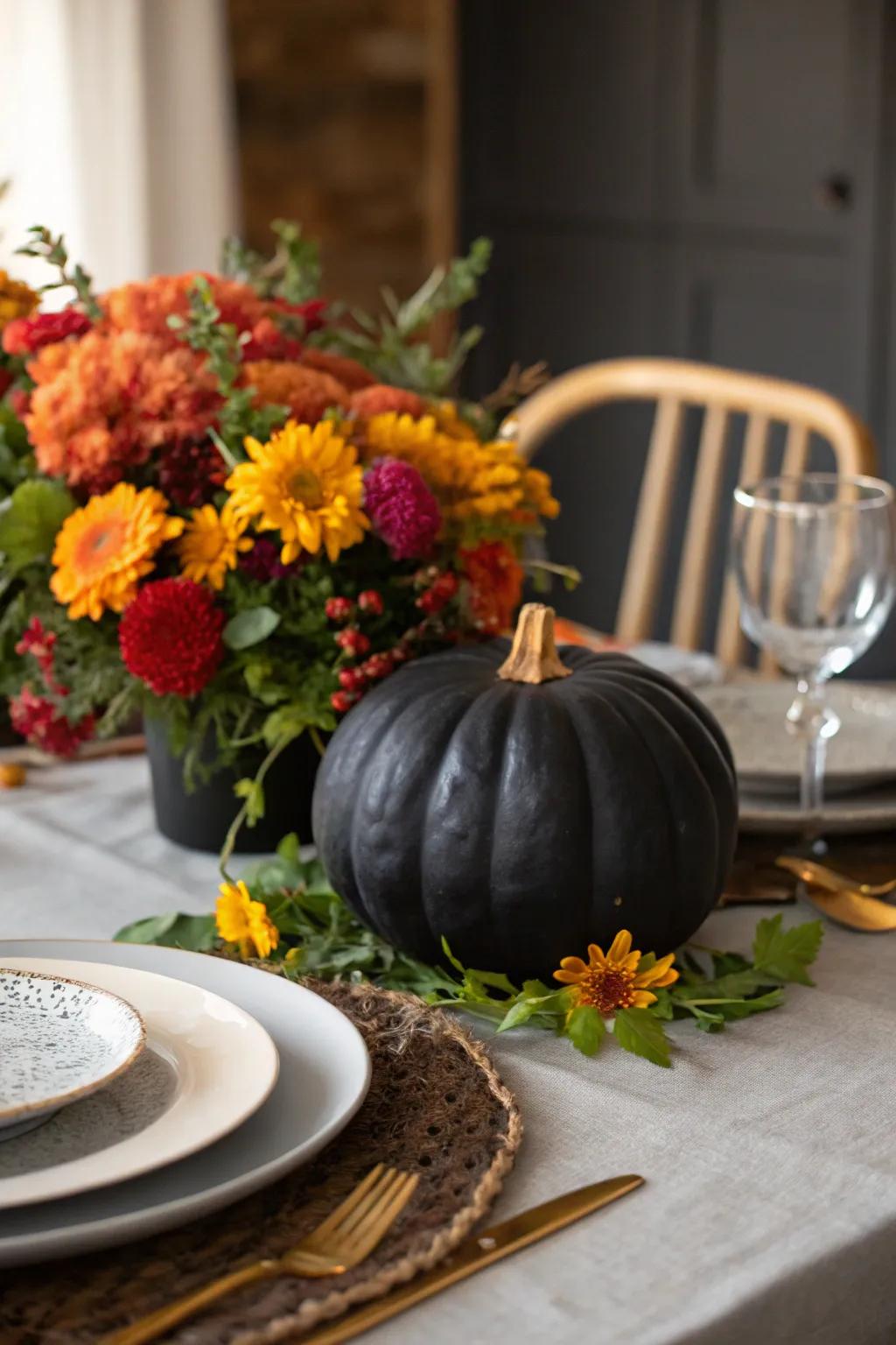 A dark-colored pumpkin adorned with vibrant flowers, making a stunning centerpiece.