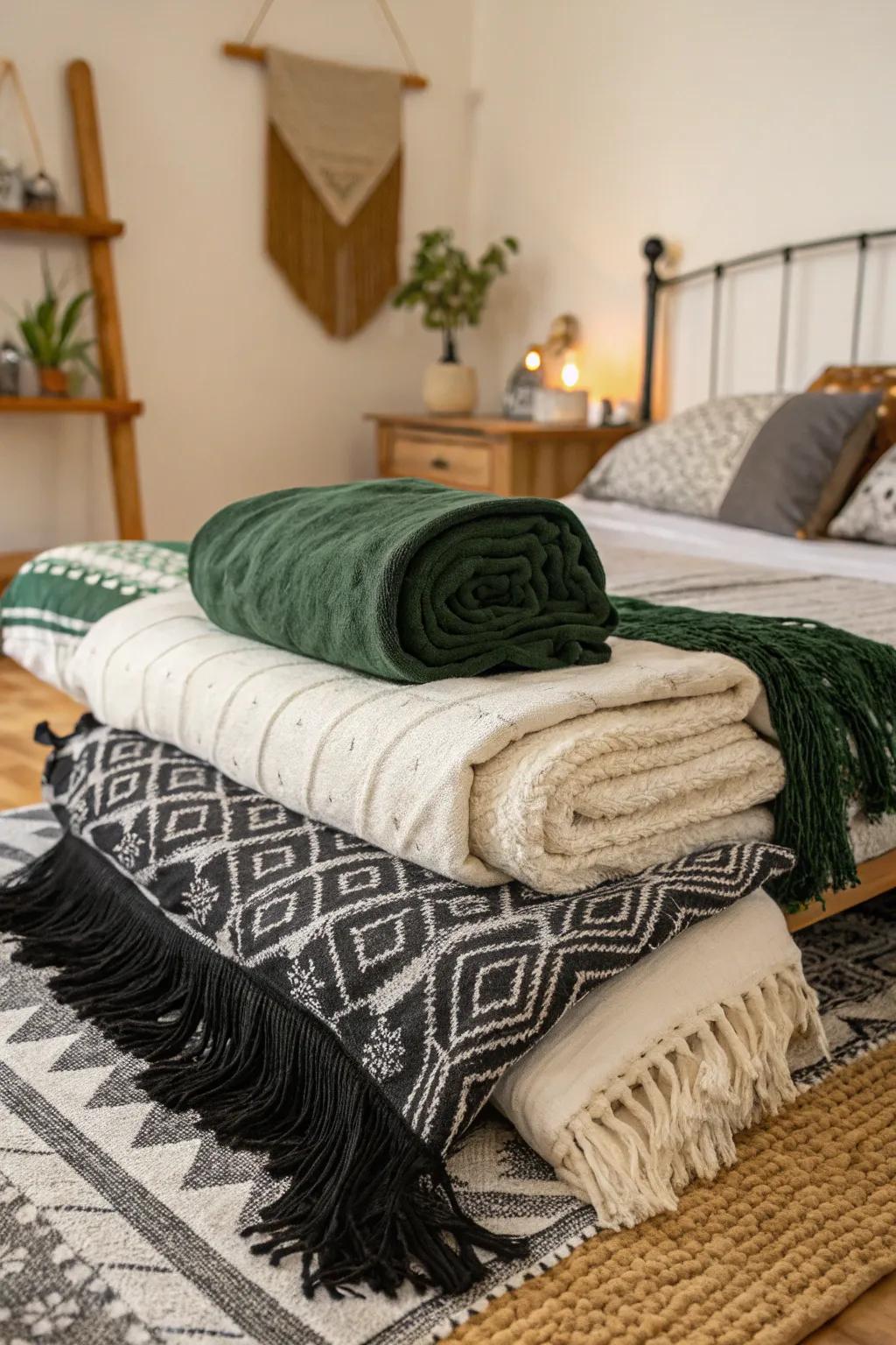 Layered materials adding depth and warmth to the bedroom.