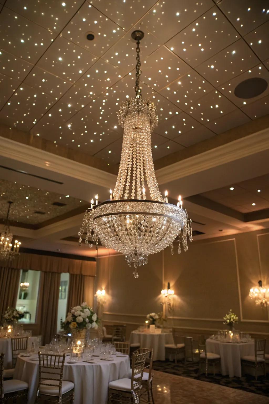 Clear chandeliers that flood the room with sparkles.