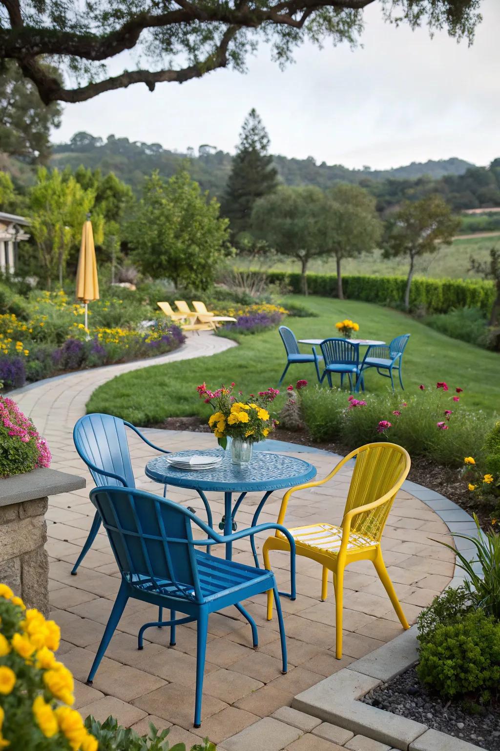 An outdoor patio showcasing azure and gold furnishings for a vibrant retreat.