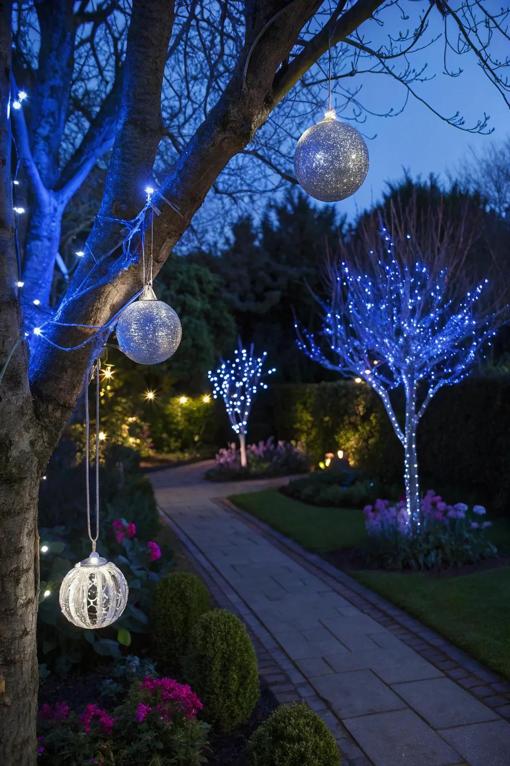 Magical outdoor Christmas embellishments in blue and silver