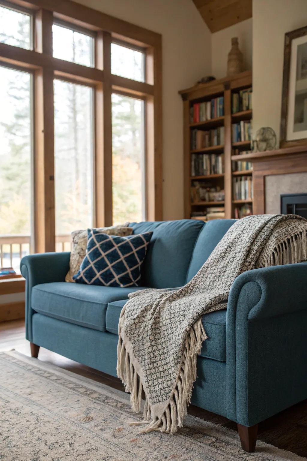Material throws bring warmth to a cerulean couch arrangement.