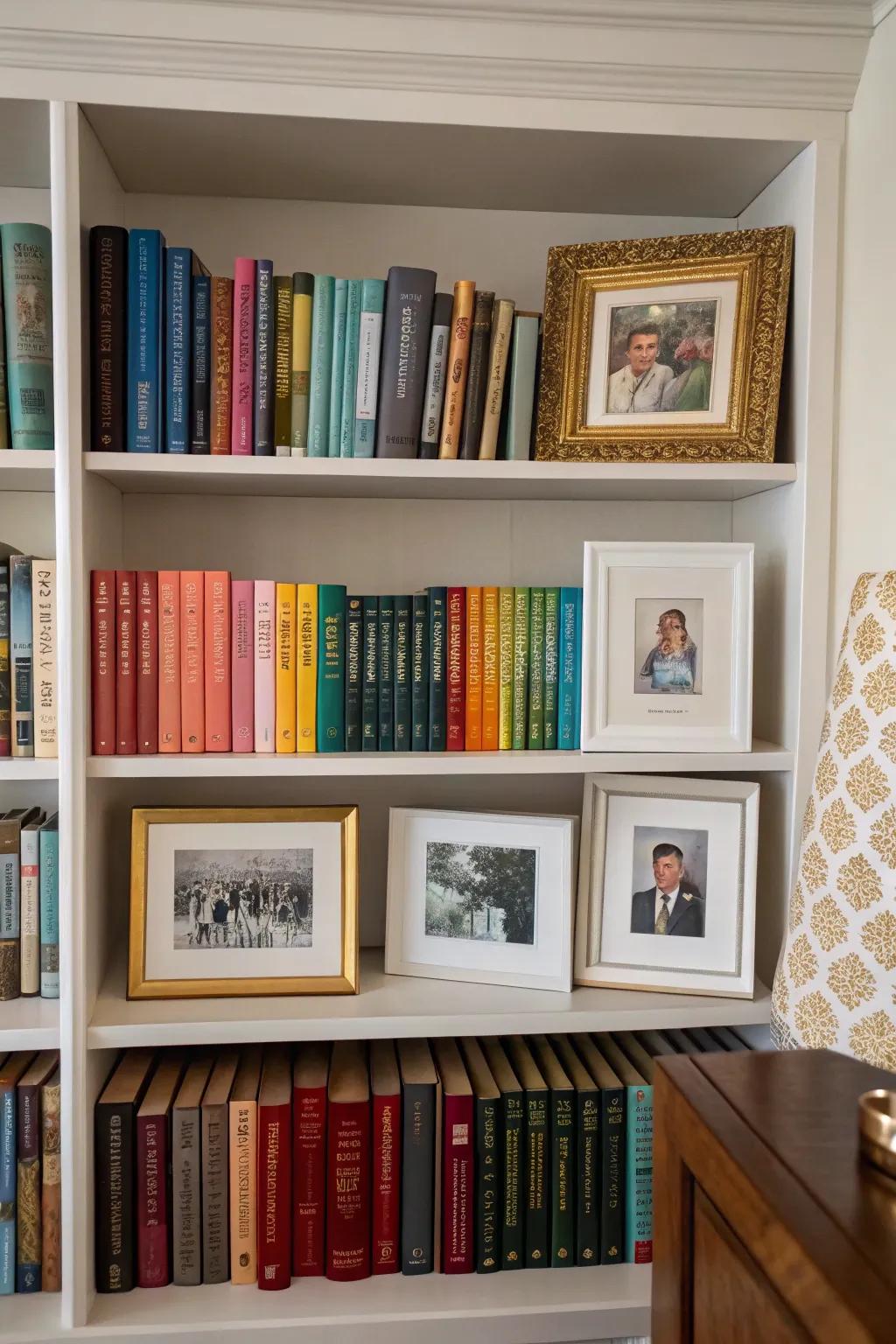 Artwork and photos impart a personal element to a bookshelf presentation.