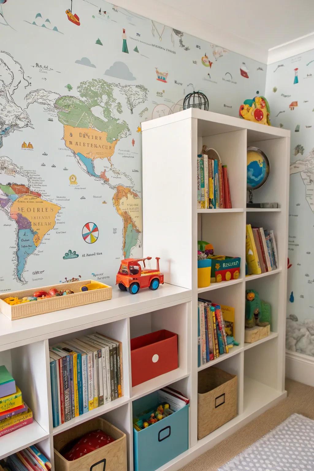A bookshelf in a child's space featuring playful map wallpaper.