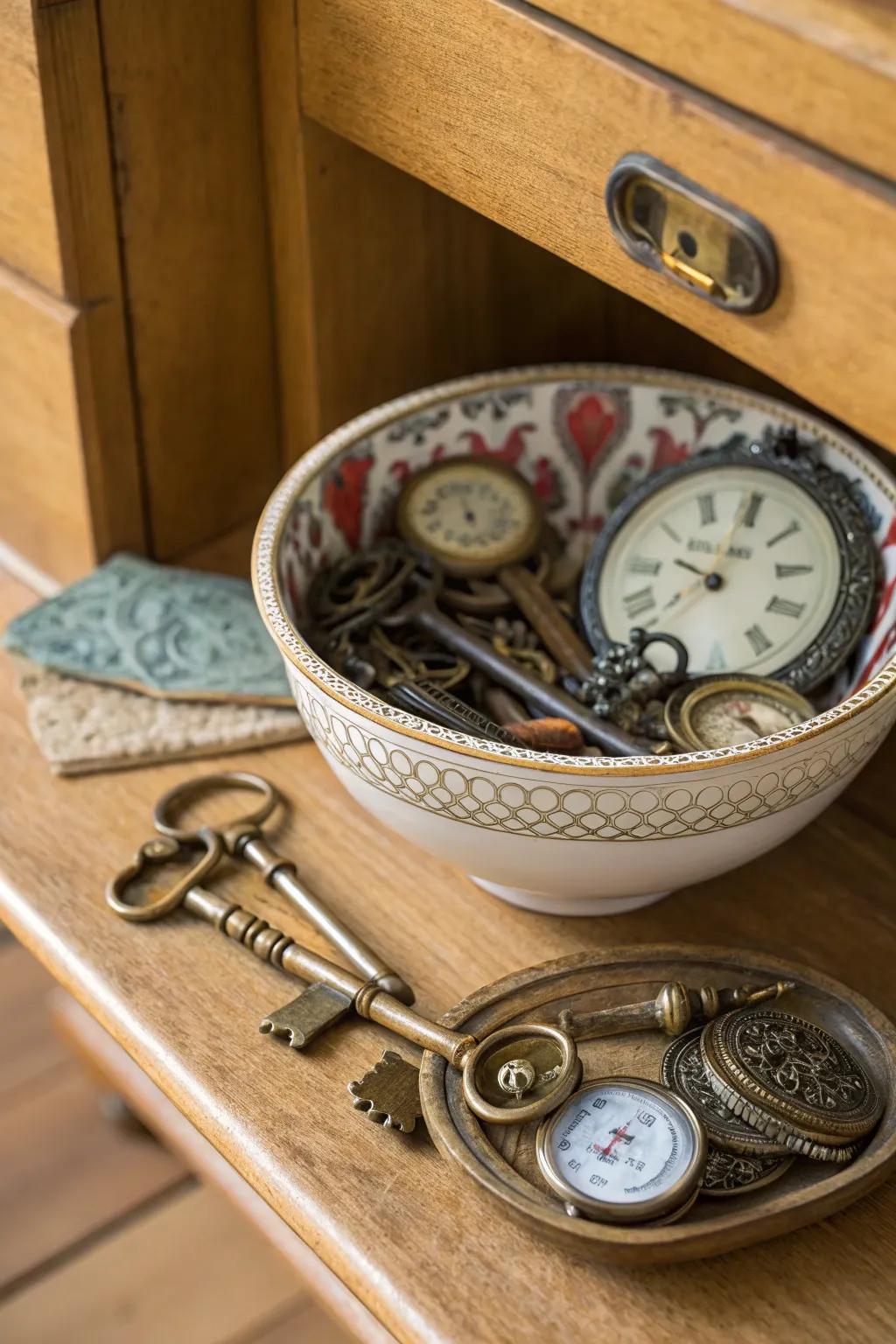 A nostalgic bowl showcasing old-fashioned keys and timepieces, filled with antique finds